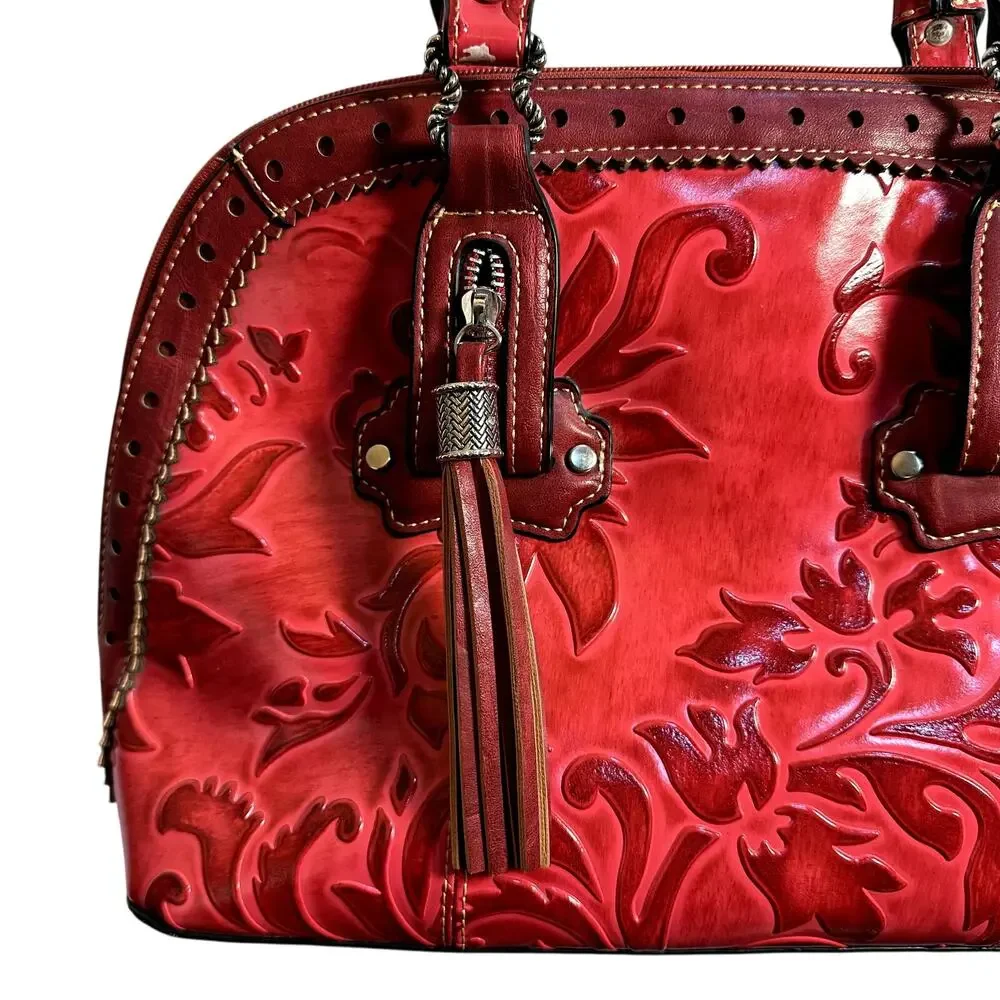 Madi Claire Red Embossed Western Satchel Shoulder Bag Tassel Floral Tooled Purse
